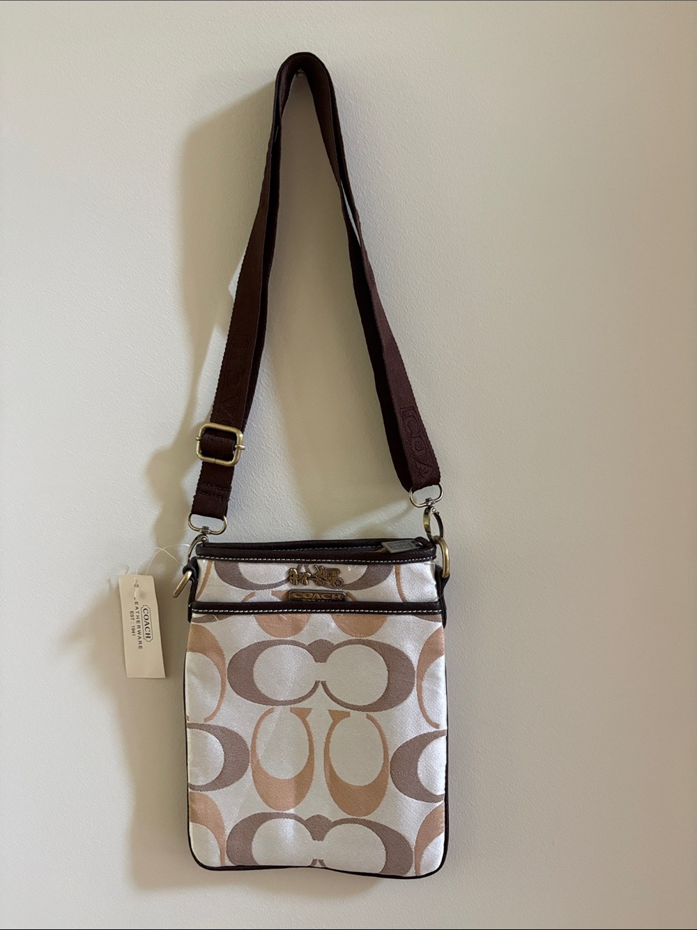 Coach Small Crossbody Bag in Beige and Brown Signature Print
